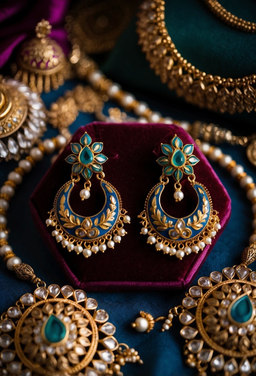 Two ornate Meenakari stud earrings displayed on a velvet cushion, surrounded by intricate Pakistani wedding jewelry