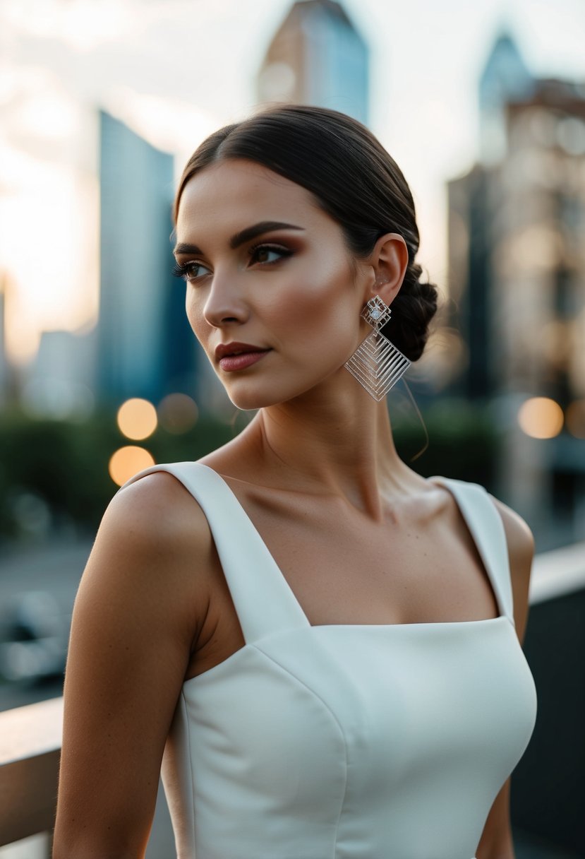 A square neck wedding dress adorned with geometric earrings for a modern touch