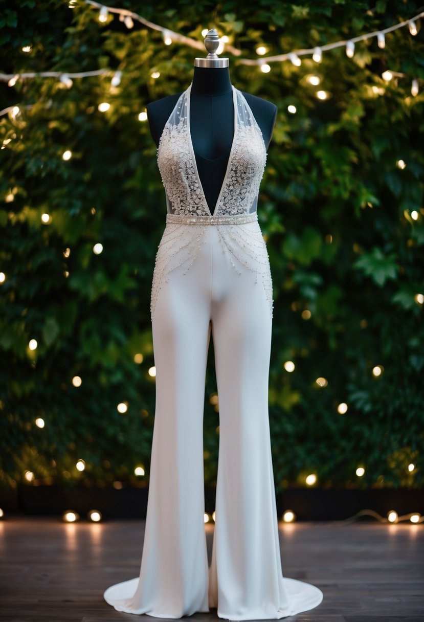 A sleek, modern jumpsuit with a plunging neckline, adorned with delicate lace and intricate beading, set against a backdrop of lush greenery and twinkling fairy lights