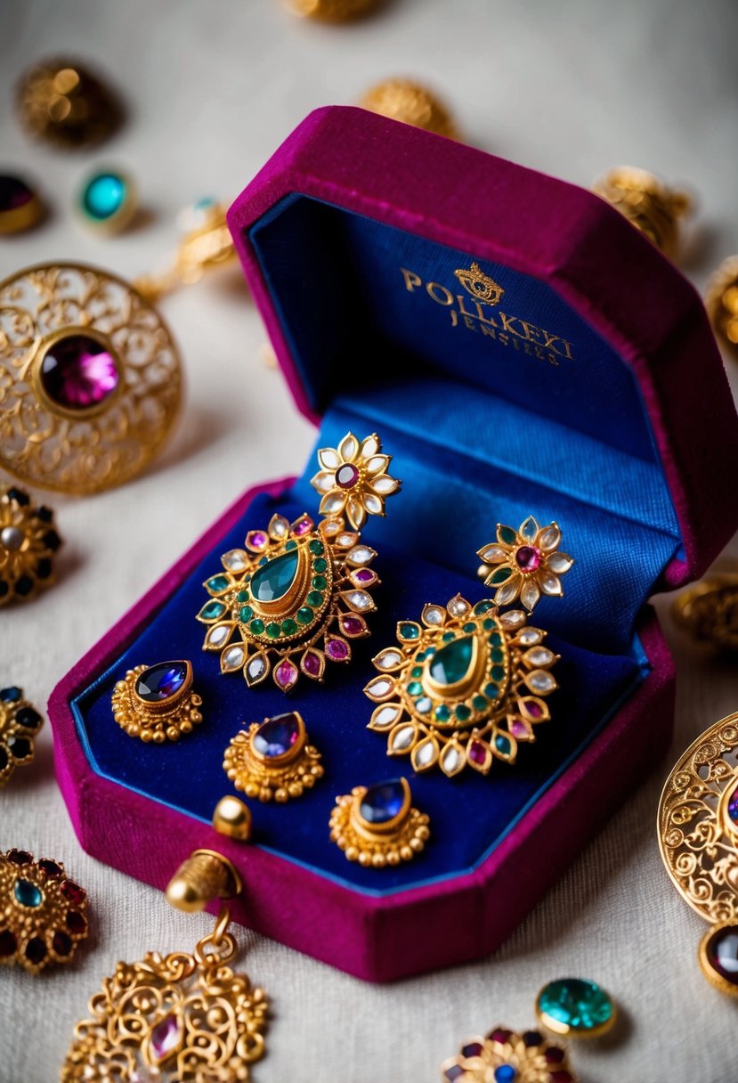 A velvet jewelry box opens to reveal ornate Polki earrings, surrounded by delicate gold filigree and colorful gemstones