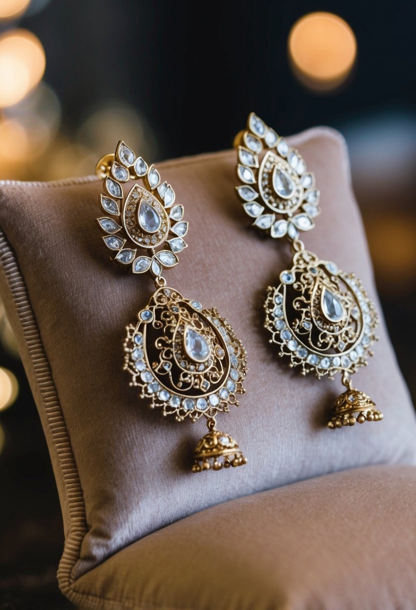 A pair of intricate and ornate Jhoomar style earrings, featuring delicate filigree work and sparkling gemstones, displayed on a luxurious velvet cushion