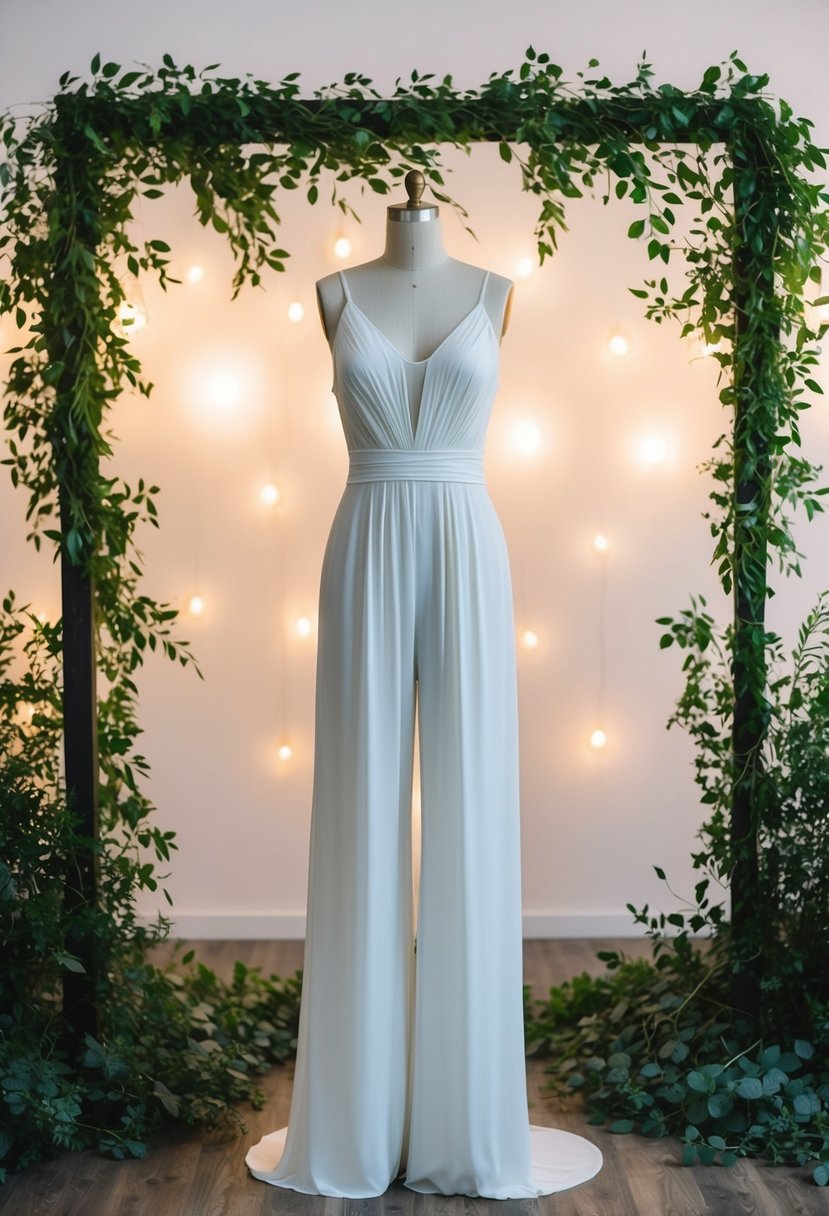 A modern bohemian jumpsuit wedding dress on a mannequin, surrounded by lush greenery and soft, romantic lighting