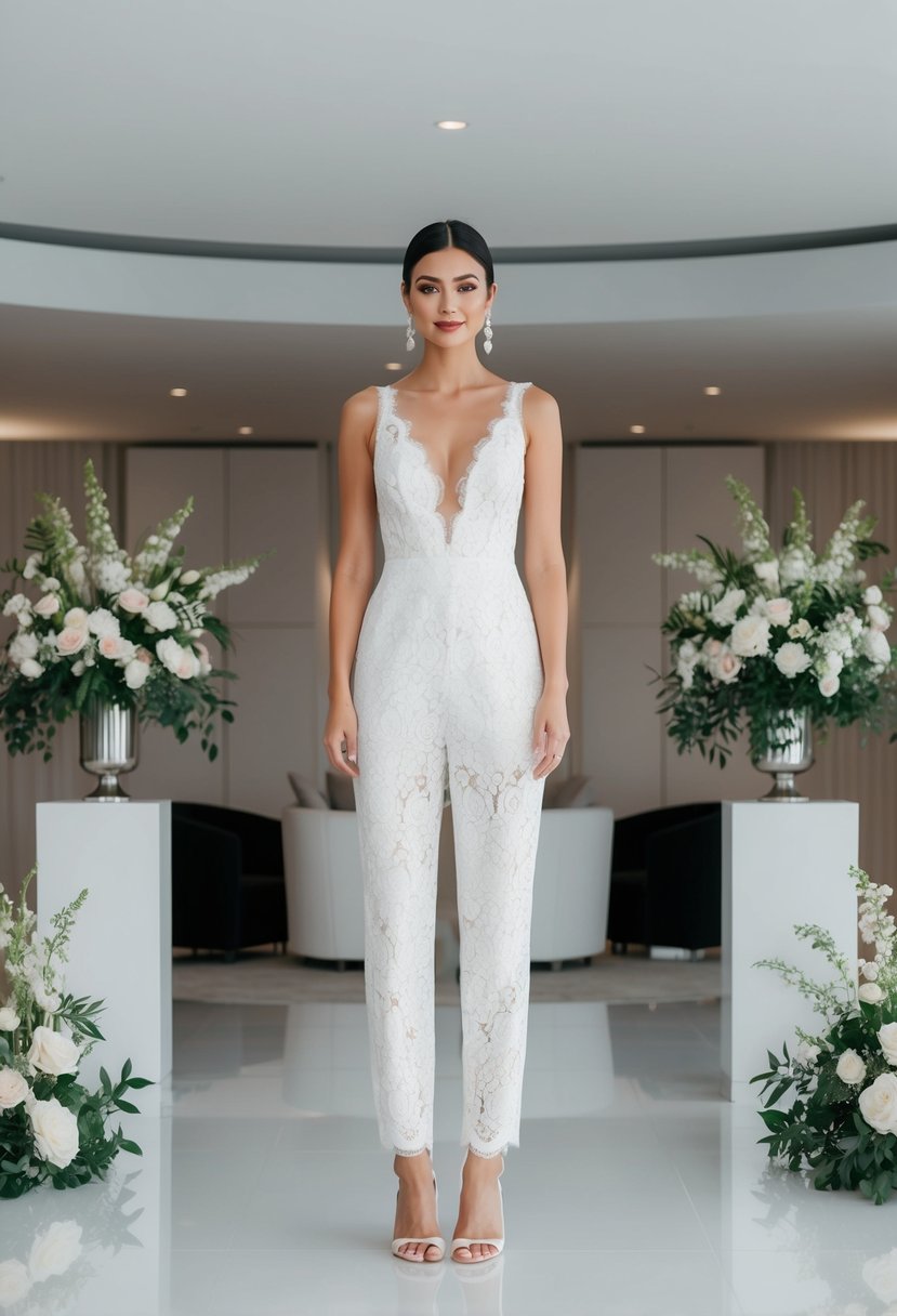 A bride in a chic lace jumpsuit stands in a modern, minimalist wedding venue, surrounded by sleek, sophisticated decor and elegant floral arrangements