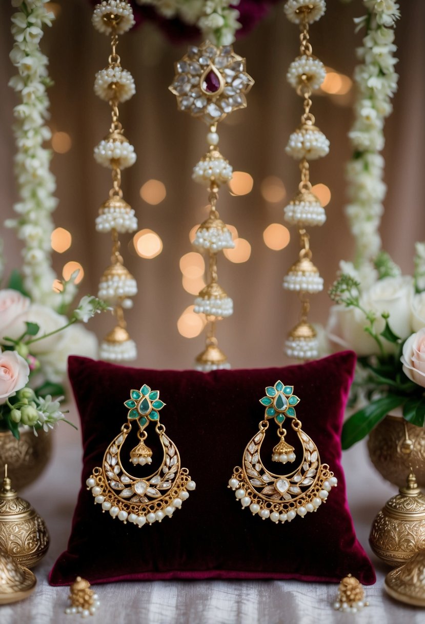 A pair of intricate Kashmiri earrings displayed on a velvet cushion, surrounded by delicate floral motifs and traditional Pakistani wedding decor