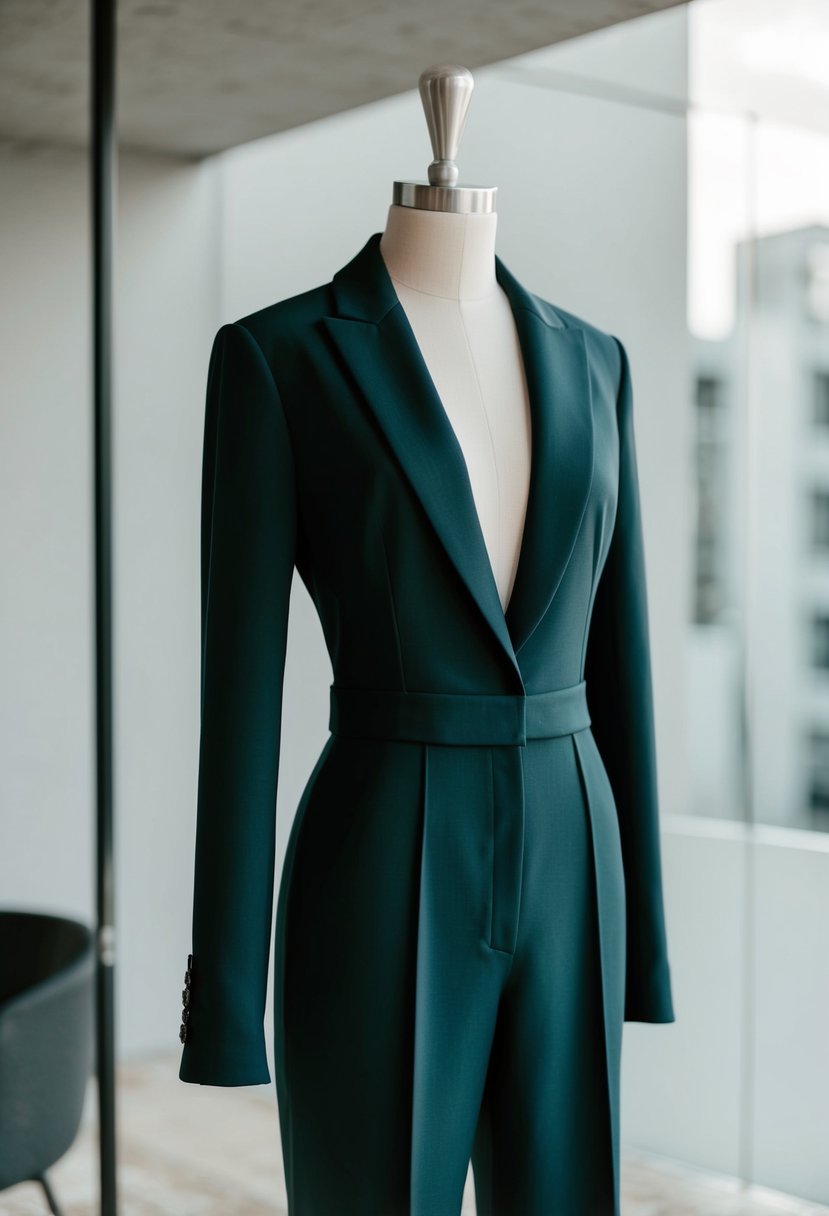 A mannequin wearing a sleek, tailored jumpsuit in a minimalist, modern wedding setting