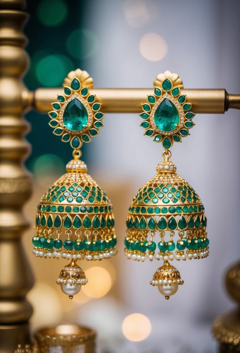 A pair of traditional Balis earrings adorned with emeralds, inspired by Pakistani wedding jewelry