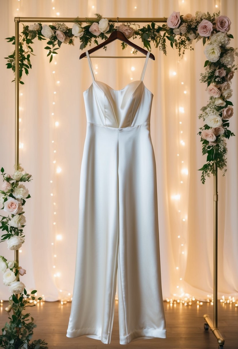 A flowing off-white satin jumpsuit hangs from a golden hanger, surrounded by soft, romantic lighting and delicate floral accents