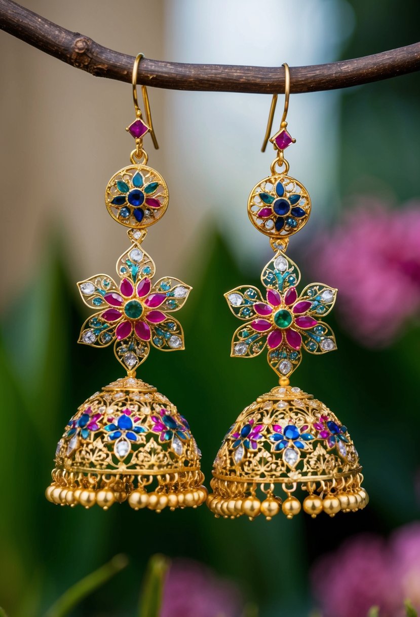 A pair of intricate floral motif jhumkis, adorned with colorful gemstones and delicate filigree, hanging from a golden base