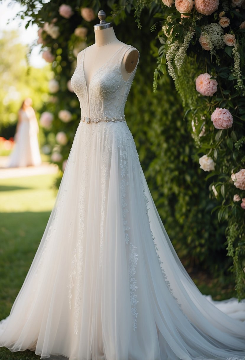 A flowing, ethereal wedding dress adorned with delicate lace and shimmering beadwork, set against a backdrop of lush greenery and blooming flowers