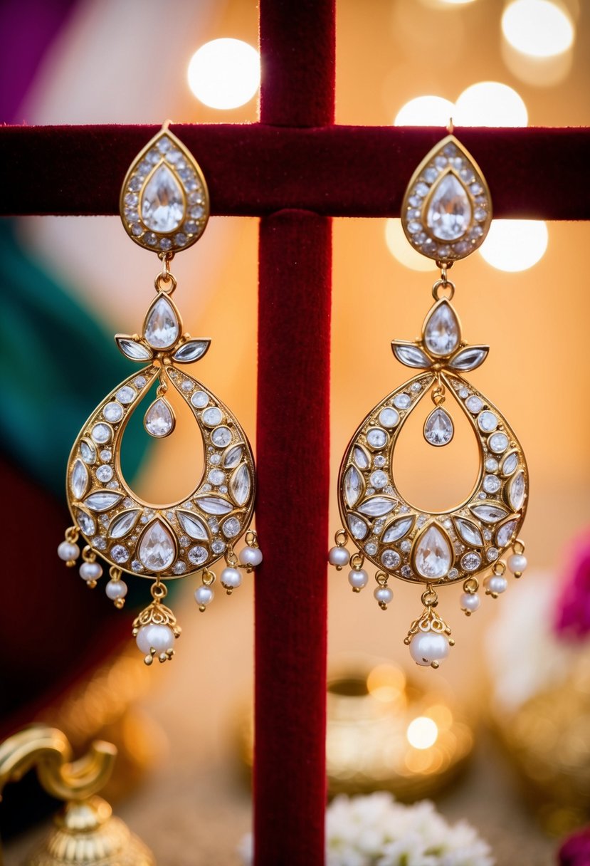 Two stone-encrusted earrings dangle from a velvet display, catching the light in a traditional Pakistani wedding setting