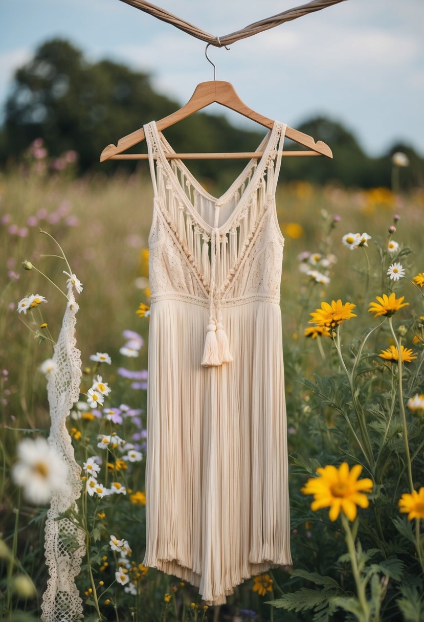 A bohemian tassel jumpsuit hanging on a rustic wooden hanger, surrounded by wildflowers and vintage lace