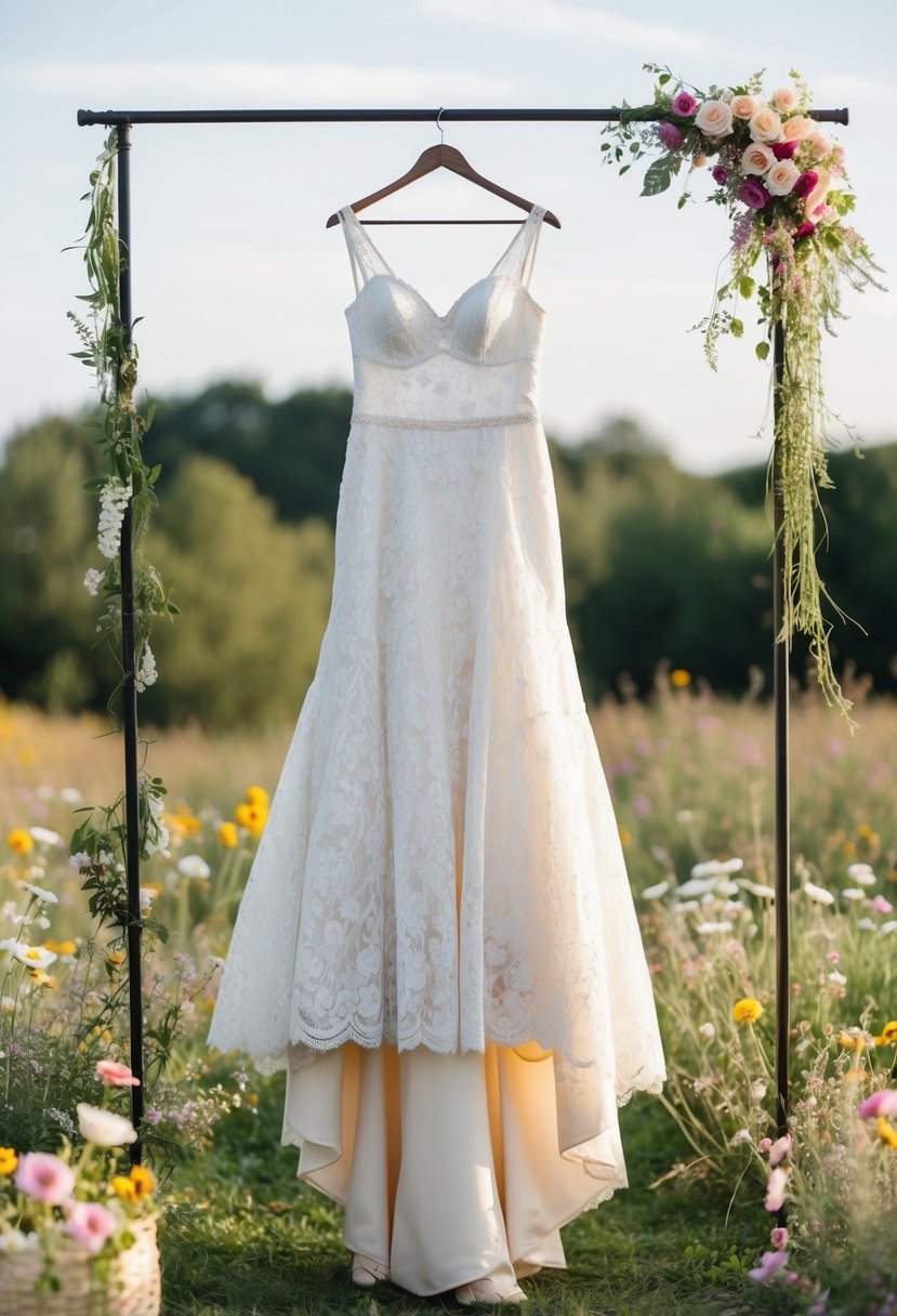 A vintage lace wedding dress hangs on a wrought iron hanger, surrounded by wildflowers and bohemian decor