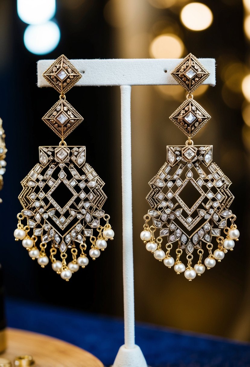 A pair of intricate geometric design earrings, inspired by Pakistani wedding jewelry, dangle from a display stand, catching the light with their ornate details