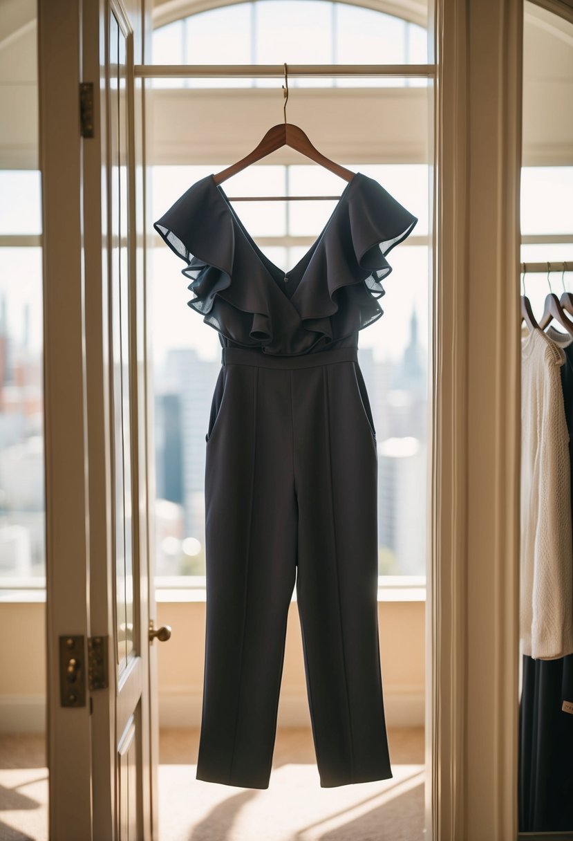 A ruffled sleeve jumpsuit hangs on a vintage wooden hanger in a sunlit dressing room