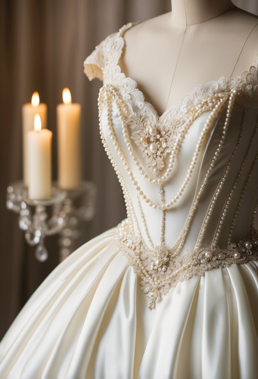 A vintage glam wedding dress adorned with pearls, set against a backdrop of soft candlelight and delicate lace details