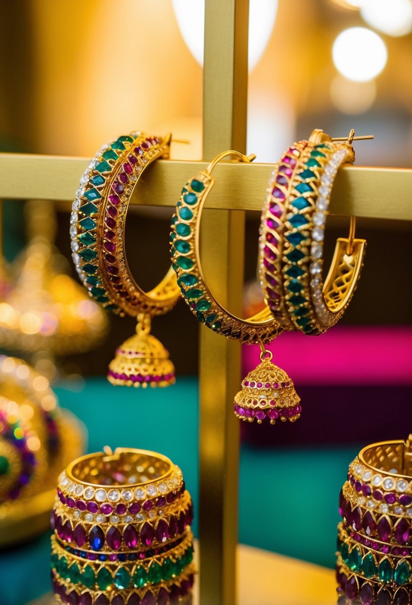 A vibrant display of Pakistani wedding hoop earrings, featuring intricate designs and colorful gemstones