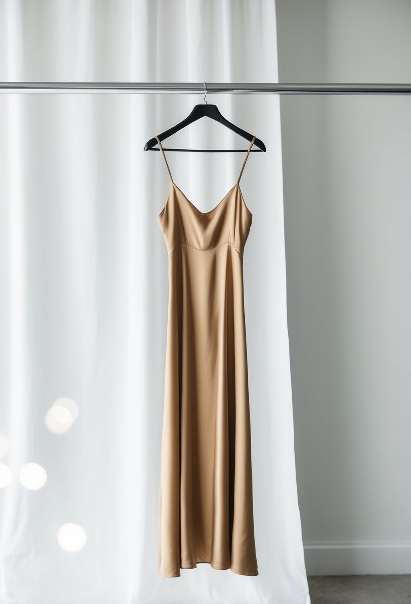 A simple, flowing silk slip dress hangs on a sleek modern hanger against a clean, white backdrop