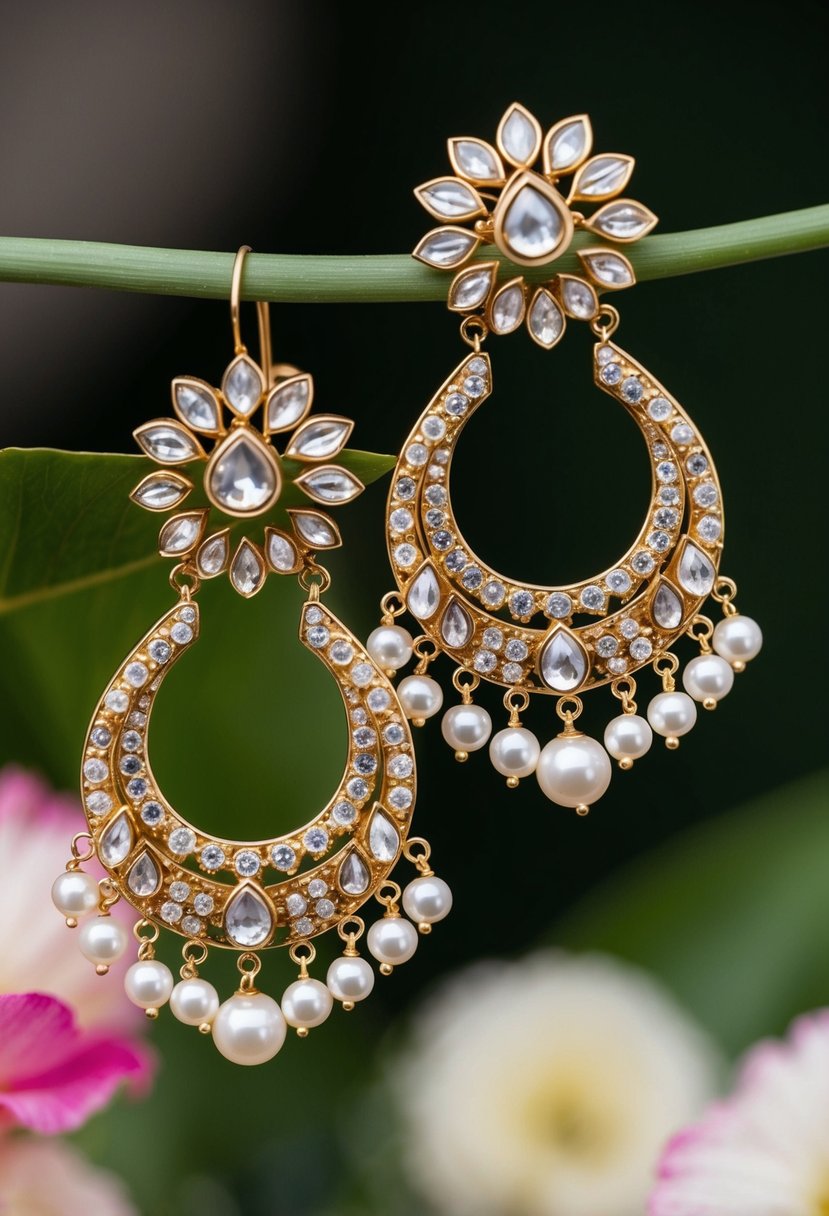 A pair of uniquely shaped earrings adorned with pearls, reflecting the opulence and elegance of Pakistani wedding jewelry