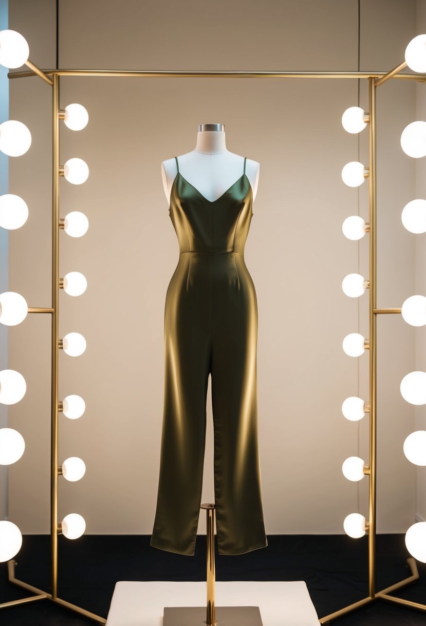 A minimalist silk jumpsuit on a sleek mannequin, surrounded by soft lighting and modern decor