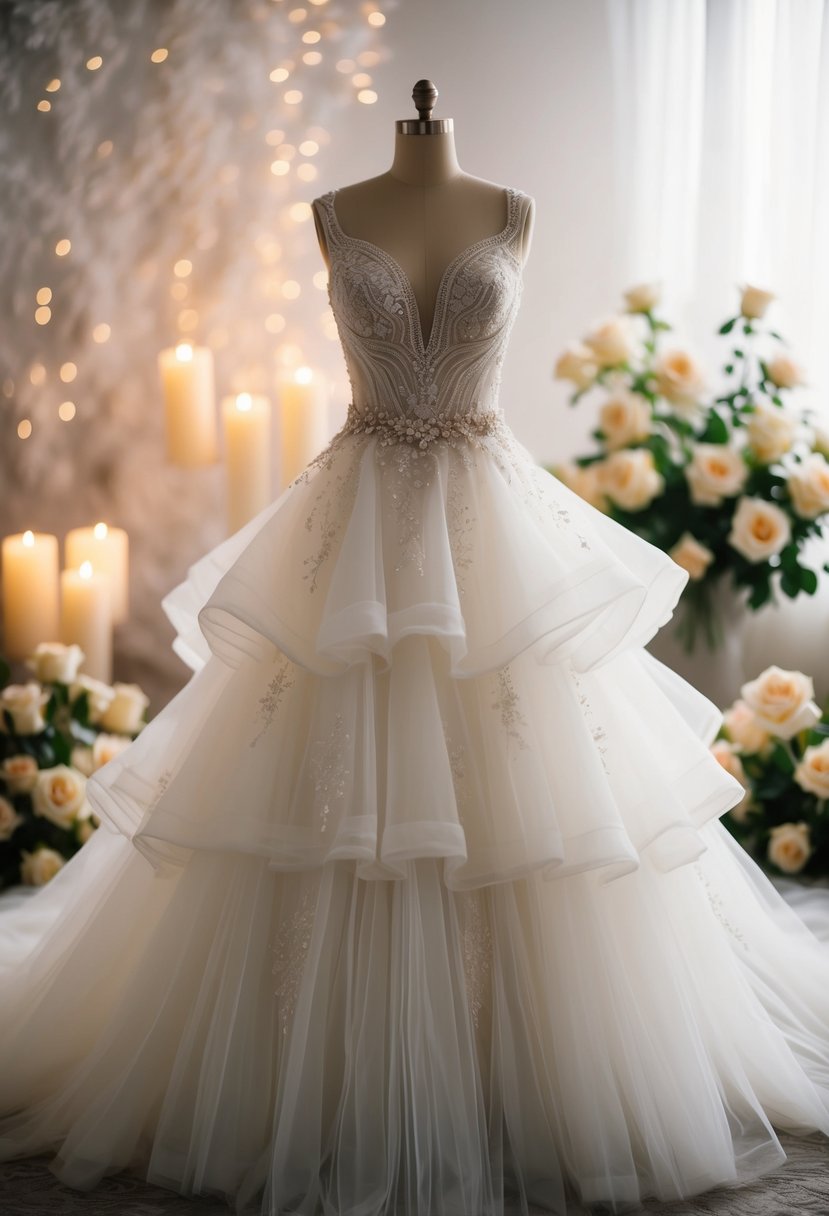 A flowing tulle wedding dress with layers of delicate fabric, adorned with intricate lace and sparkling embellishments, set against a dreamy, ethereal backdrop of soft candlelight and blooming roses