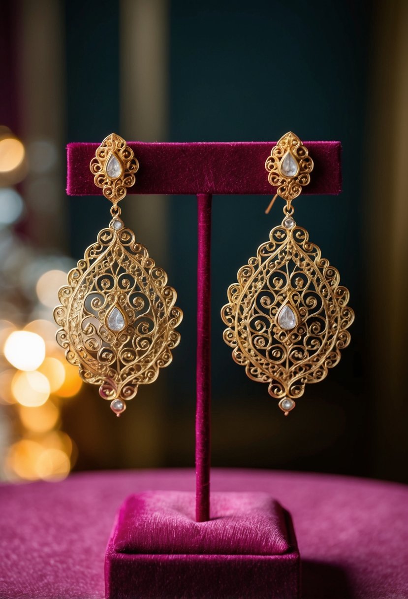 Intricate gold filigree earrings displayed on a velvet cushion