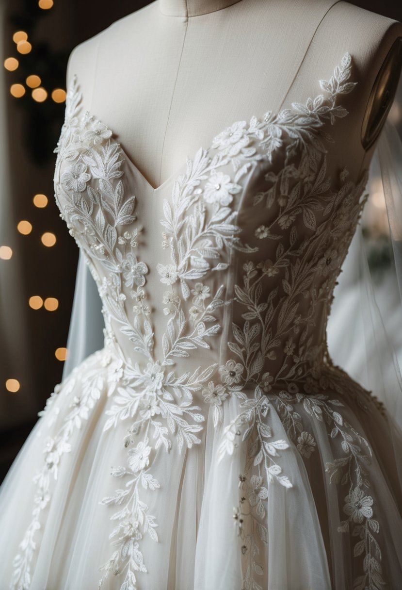 A wedding dress adorned with delicate floral embroidery, exuding an aura of timeless elegance and sophistication