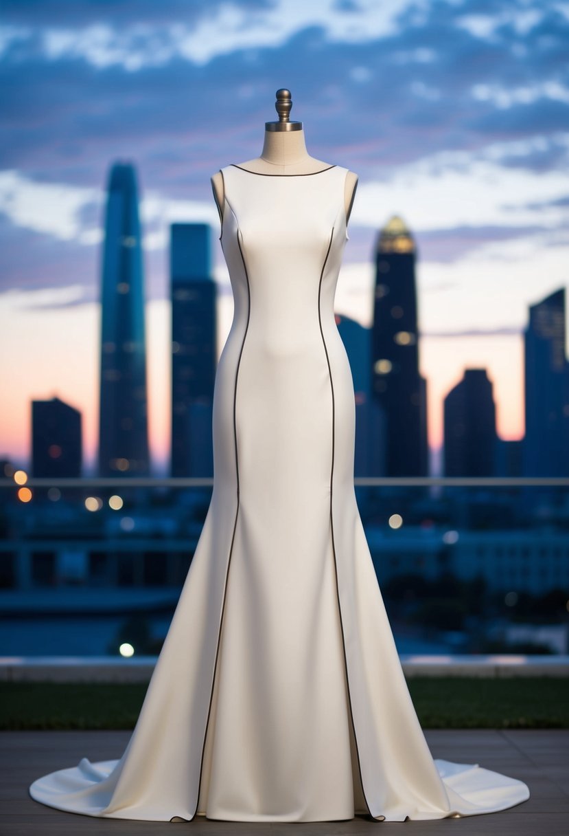 A sleek, minimalist wedding dress with clean lines and architectural details set against a backdrop of a modern city skyline at dusk