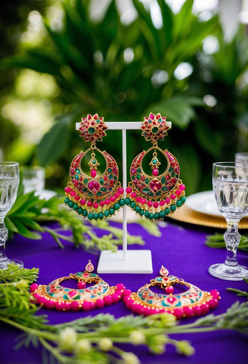 A table adorned with vibrant, intricate Pakistani wedding earrings, surrounded by lush greenery and soft, natural light