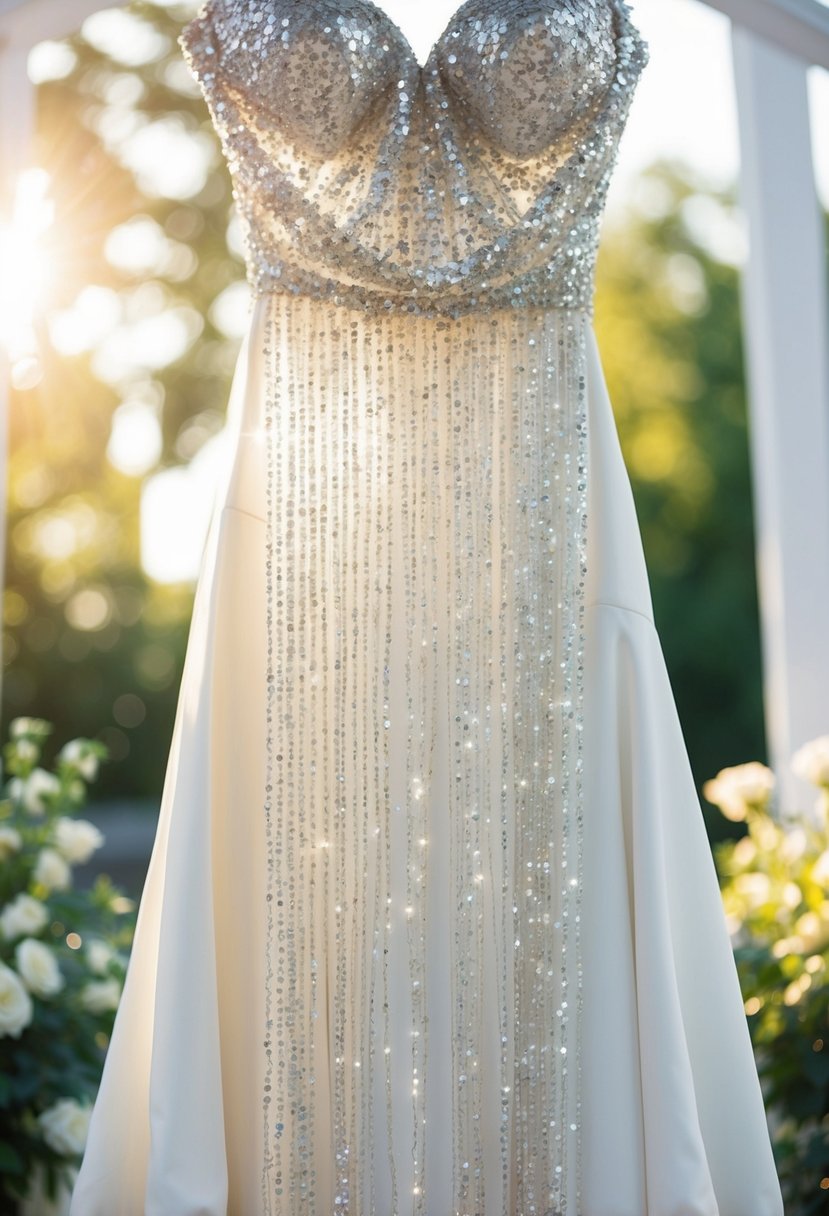 A cascading waterfall of sparkling sequins adorns the elegant wedding dress, catching the light and creating a shimmering, ethereal aesthetic