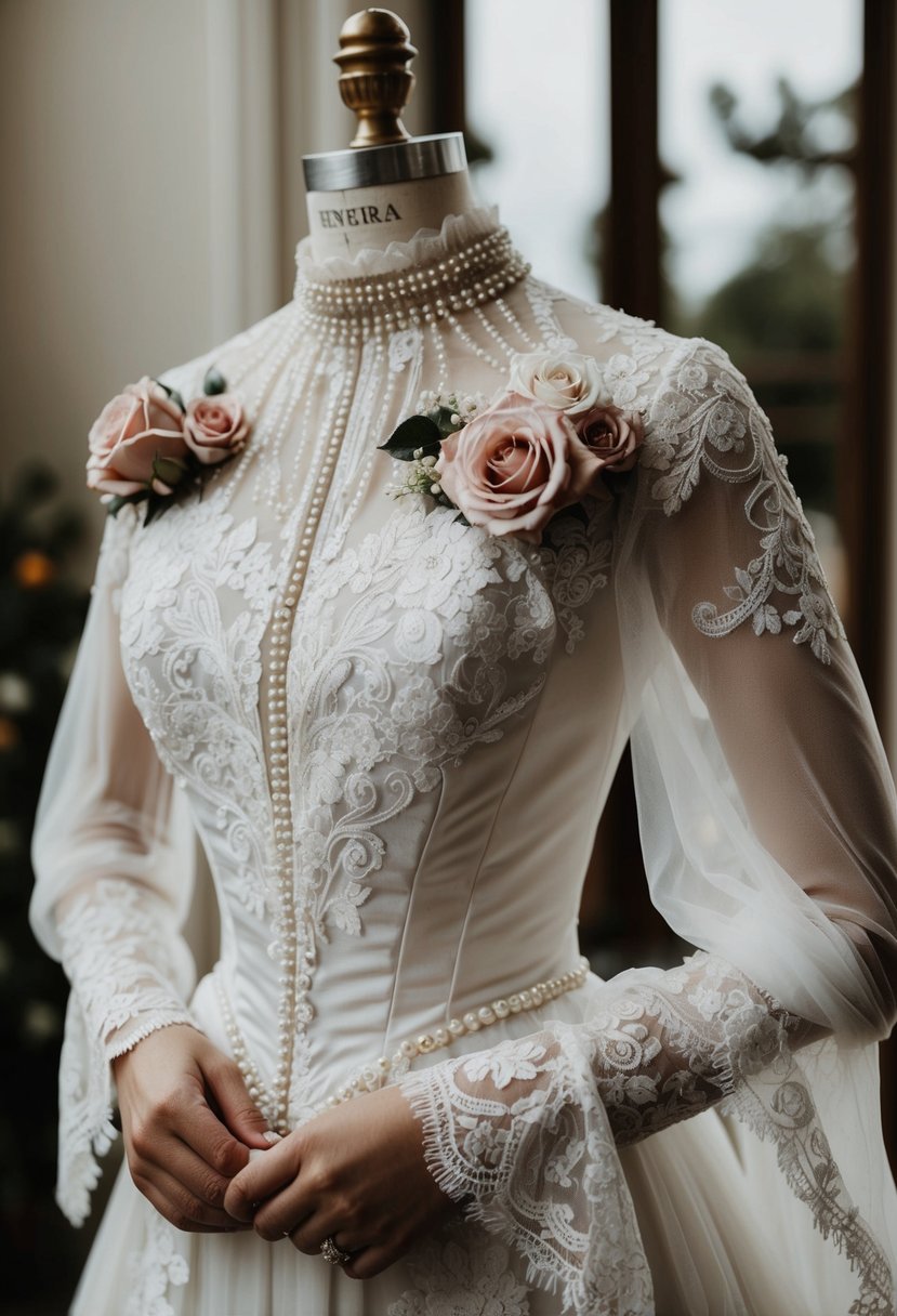 A lace-draped wedding gown with a high neck, intricate embroidery, and flowing sleeves. Delicate roses and pearls adorn the bodice, creating a romantic Victorian aesthetic