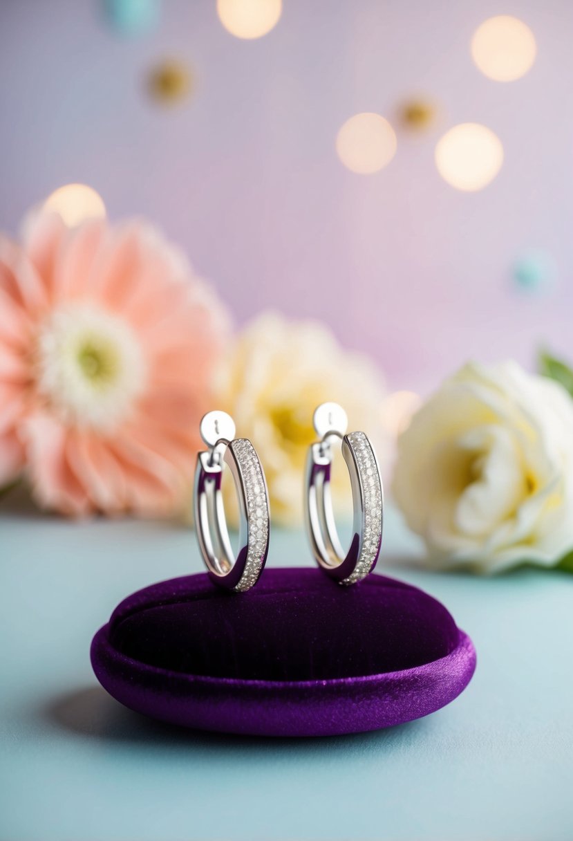 A pair of elegant silver wedding earrings displayed on a velvet cushion against a soft, pastel background