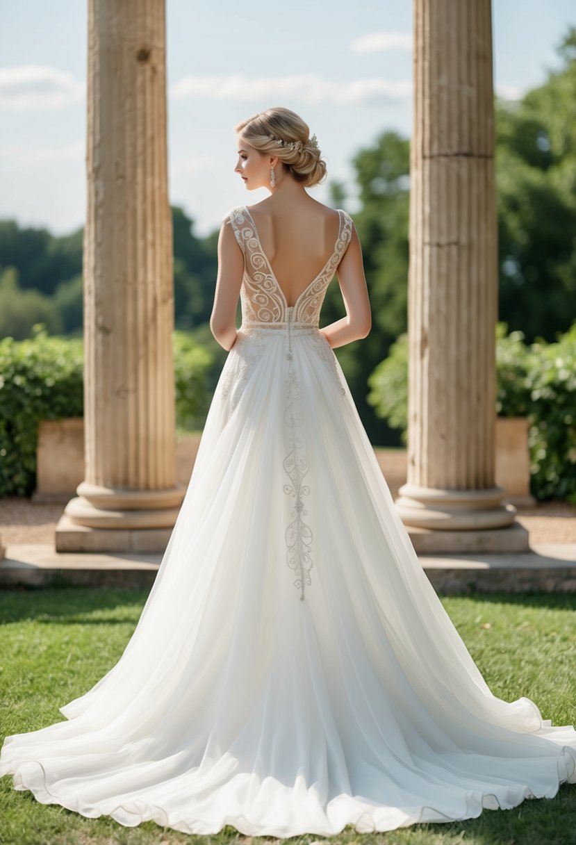 A flowing Grecian-style wedding dress set against a backdrop of ancient columns and lush greenery