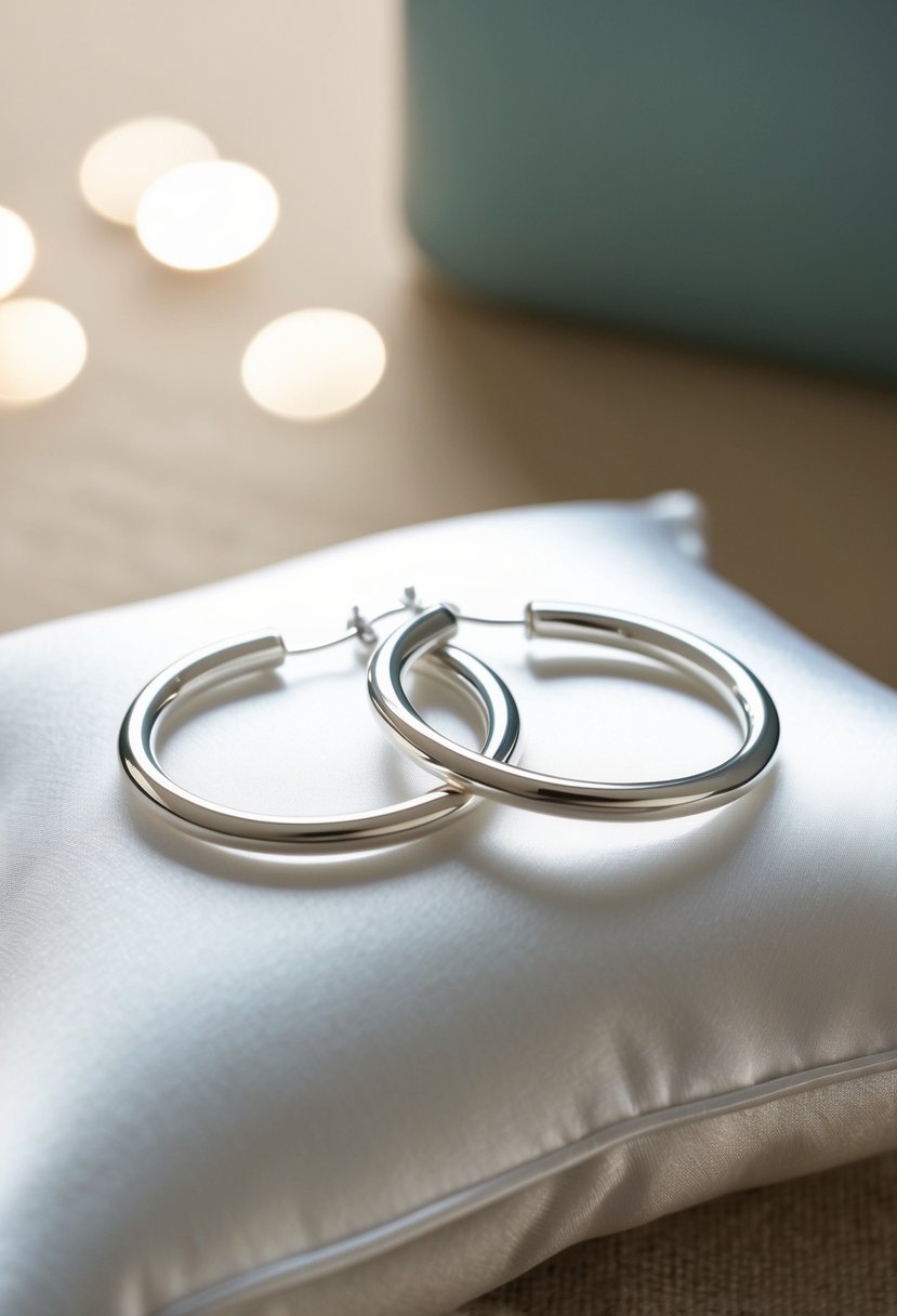 Two simple silver hoops on a white satin pillow