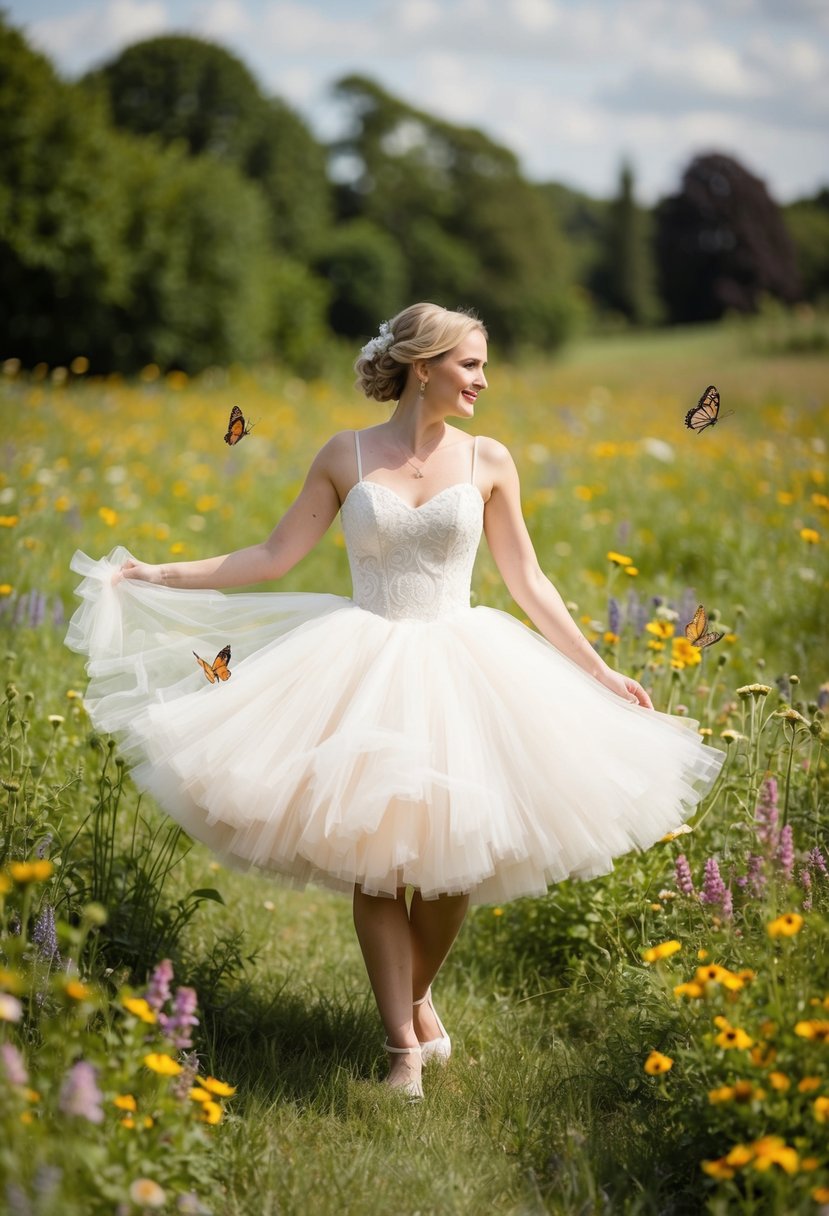 A bride twirls in a whimsical tea-length tutu dress, surrounded by a field of wildflowers and butterflies