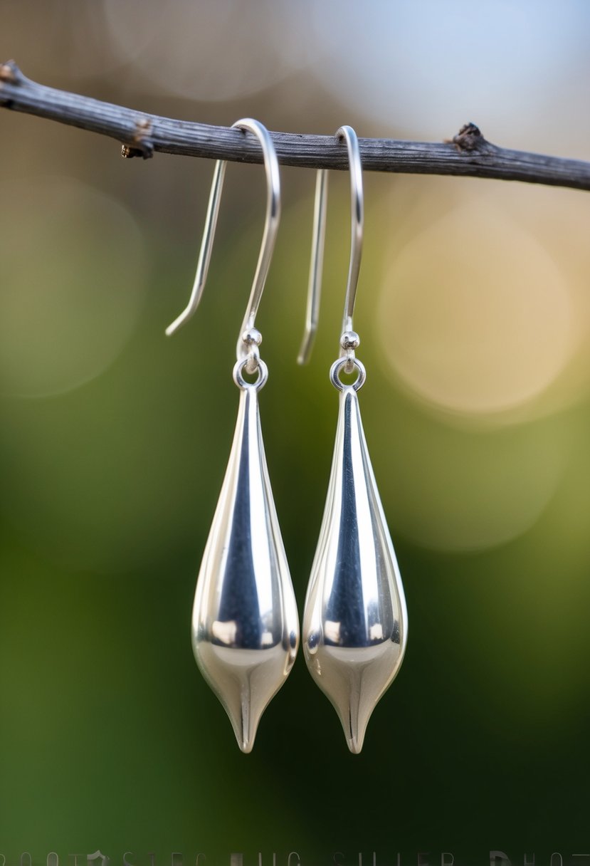 A pair of teardrop-shaped sterling silver earrings, hanging from a delicate hook, with a simple and elegant design