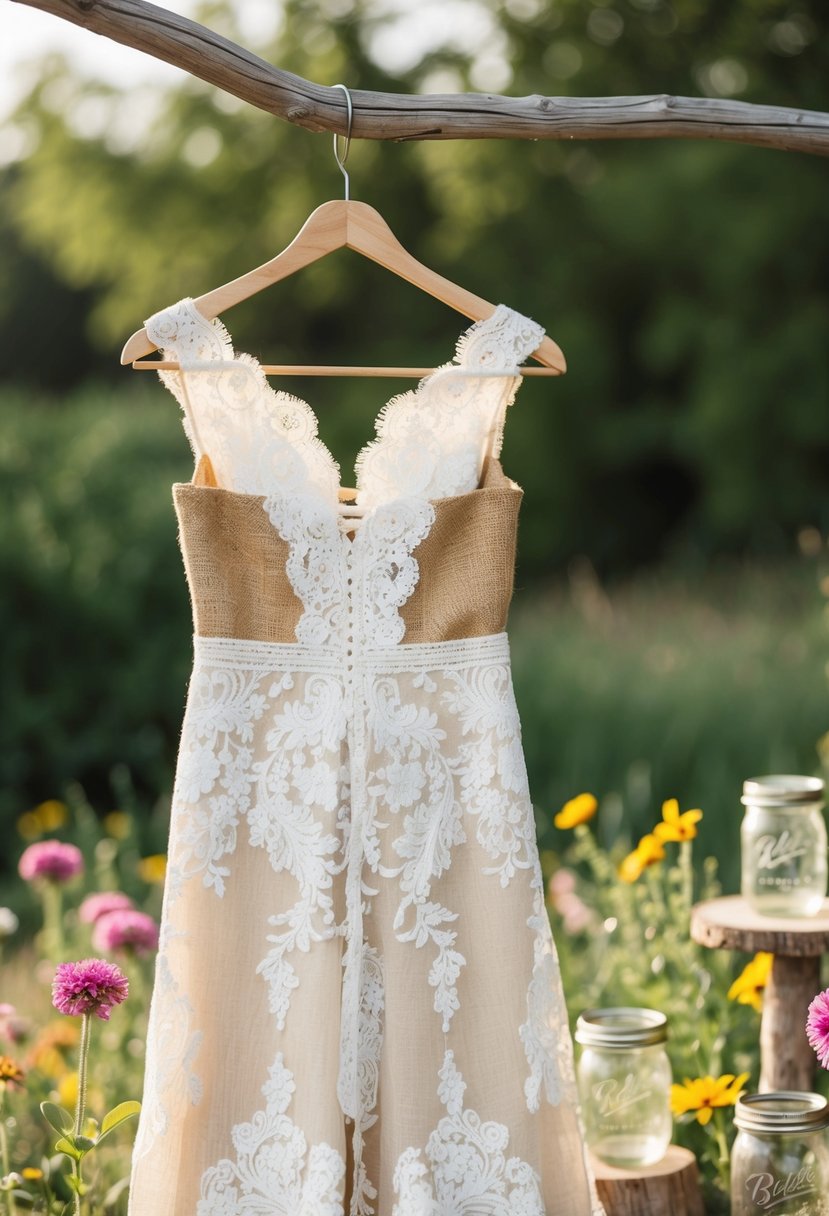 A rustic lace and burlap wedding dress hanging on a vintage wooden hanger, surrounded by wildflowers and mason jars