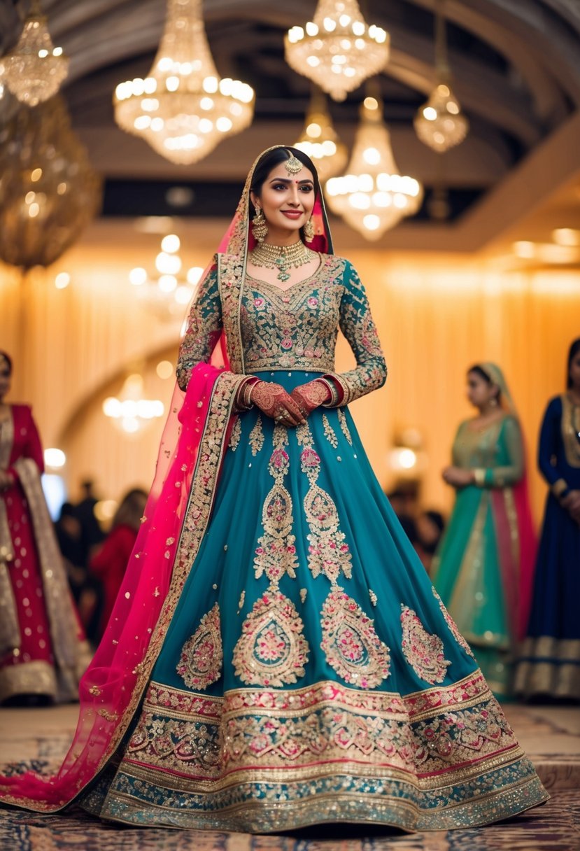 A vibrant Pakistani wedding dress with intricate embroidery and flowing fabrics, adorned with sparkling jewels and bold colors