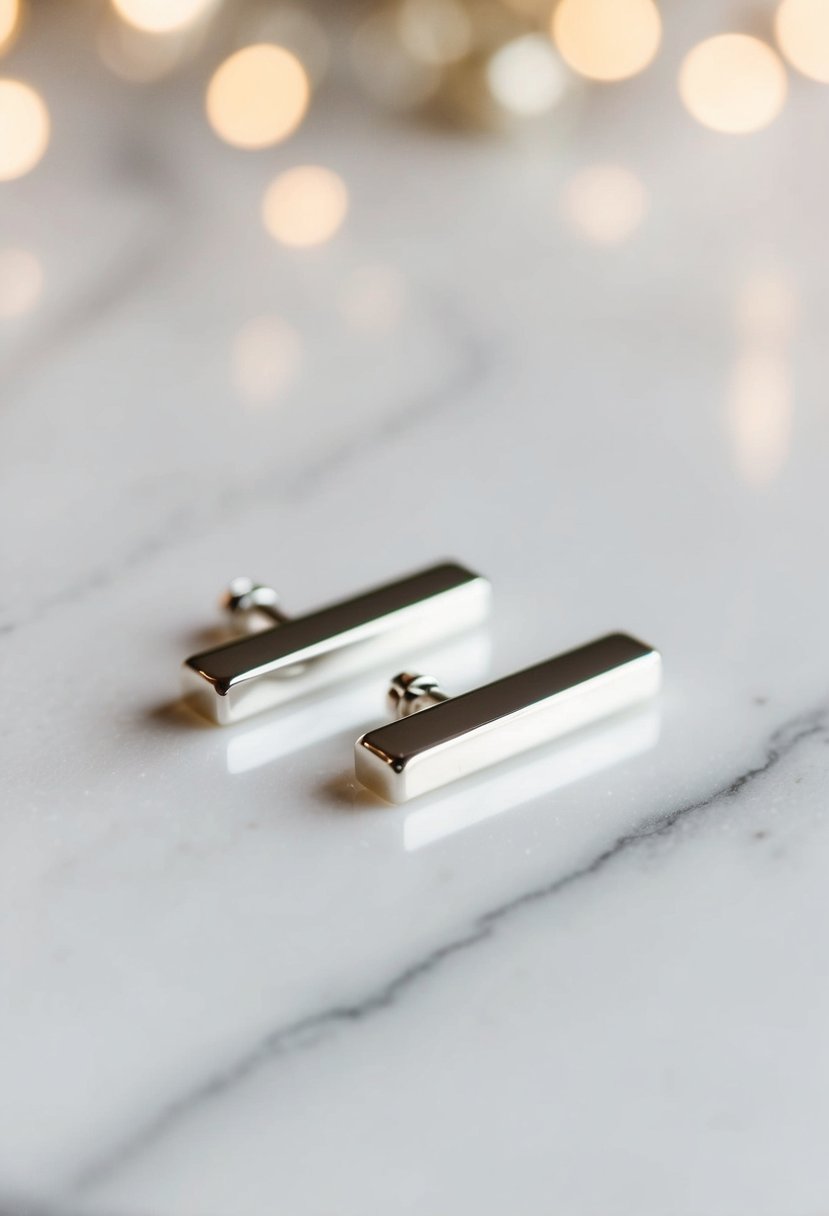 Two small silver bar studs on a white marble surface with soft lighting