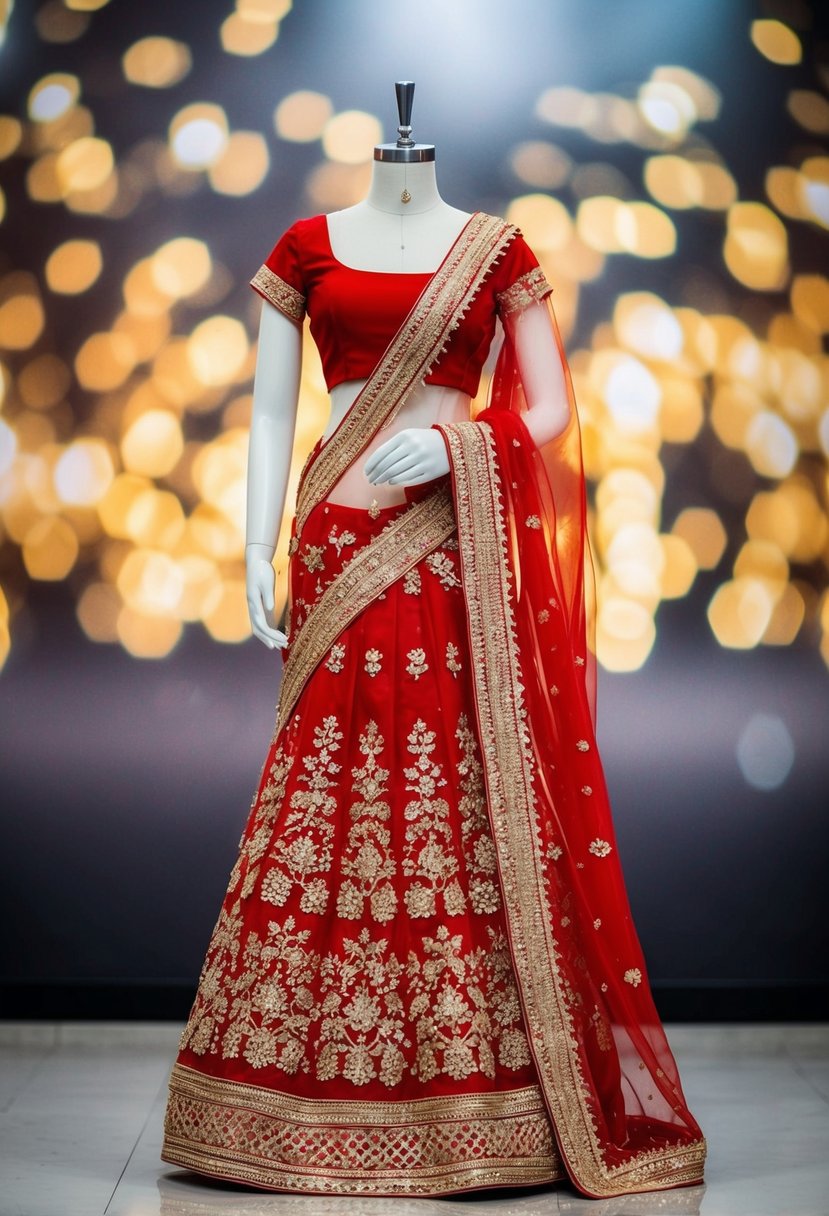 A red lehenga with intricate gold embroidery, draped elegantly on a mannequin