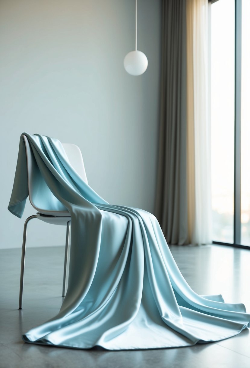 A flowing satin gown drapes over a sleek, modern chair in a minimalist room with soft, natural lighting