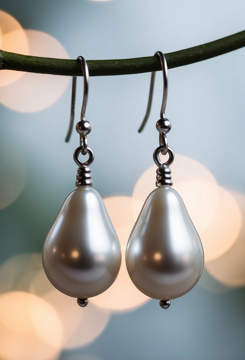 Two elegant silver pearl droplets dangle from simple wedding earrings