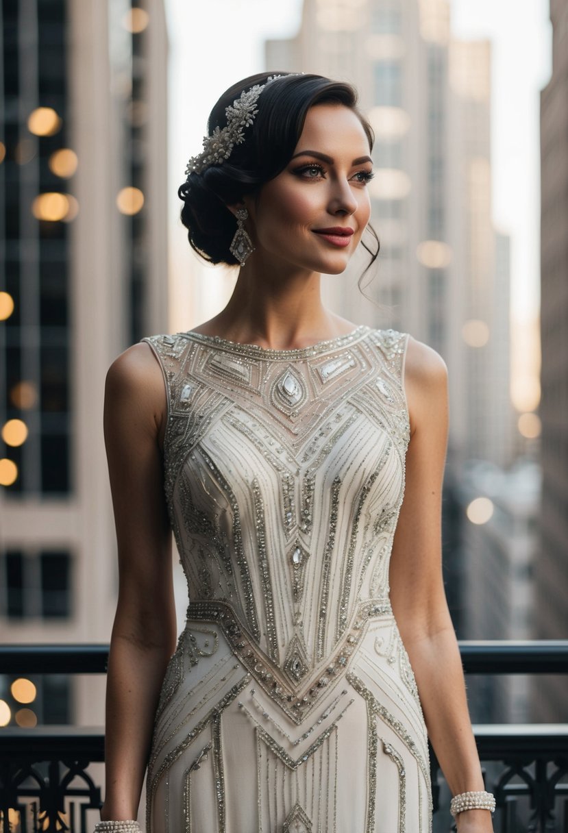 An Art Deco-inspired wedding dress adorned with intricate beading and geometric patterns, exuding a glamorous and timeless beauty