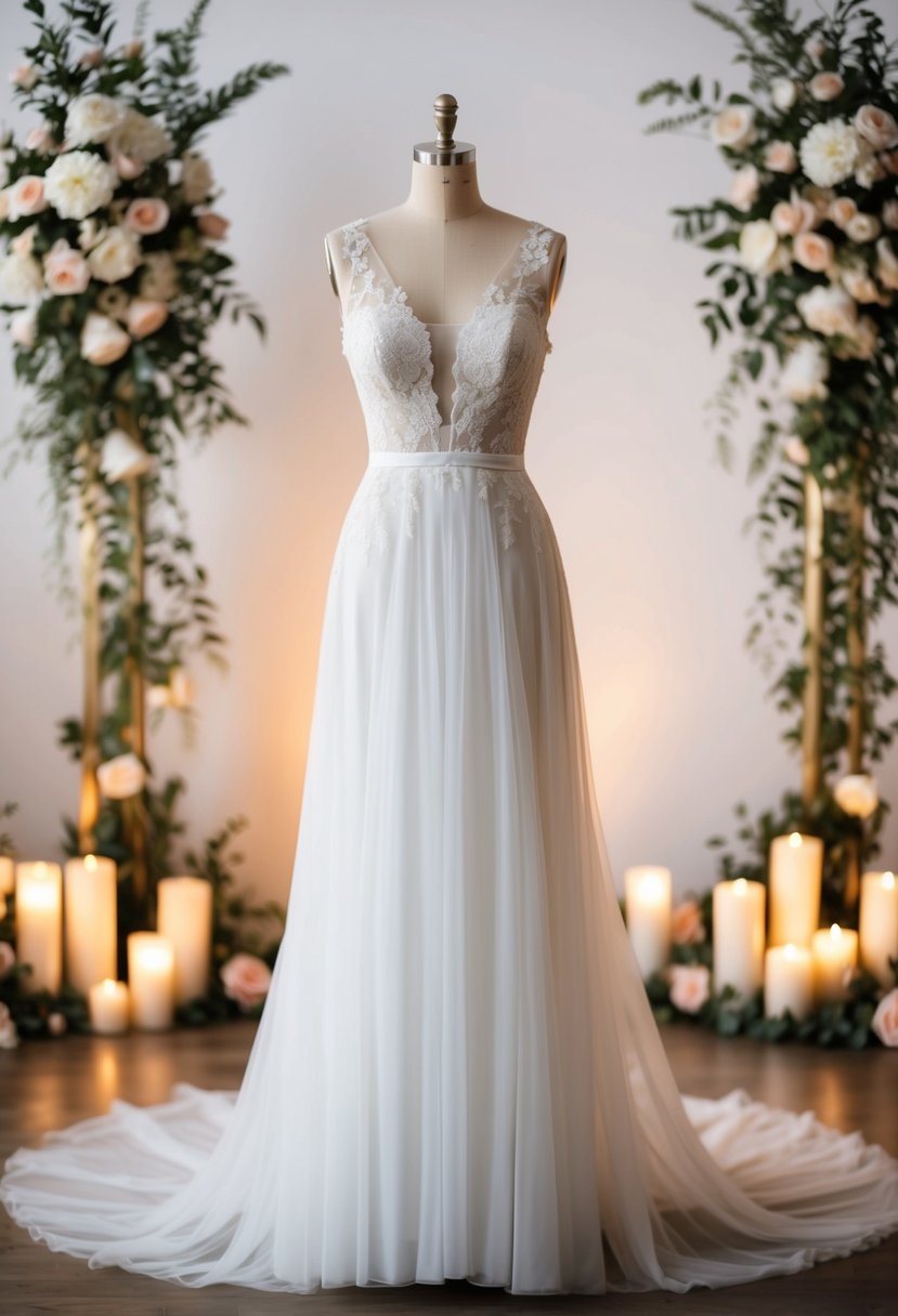 A flowing wedding dress with sheer panels and delicate lace details, set against a backdrop of elegant floral arrangements and soft candlelight