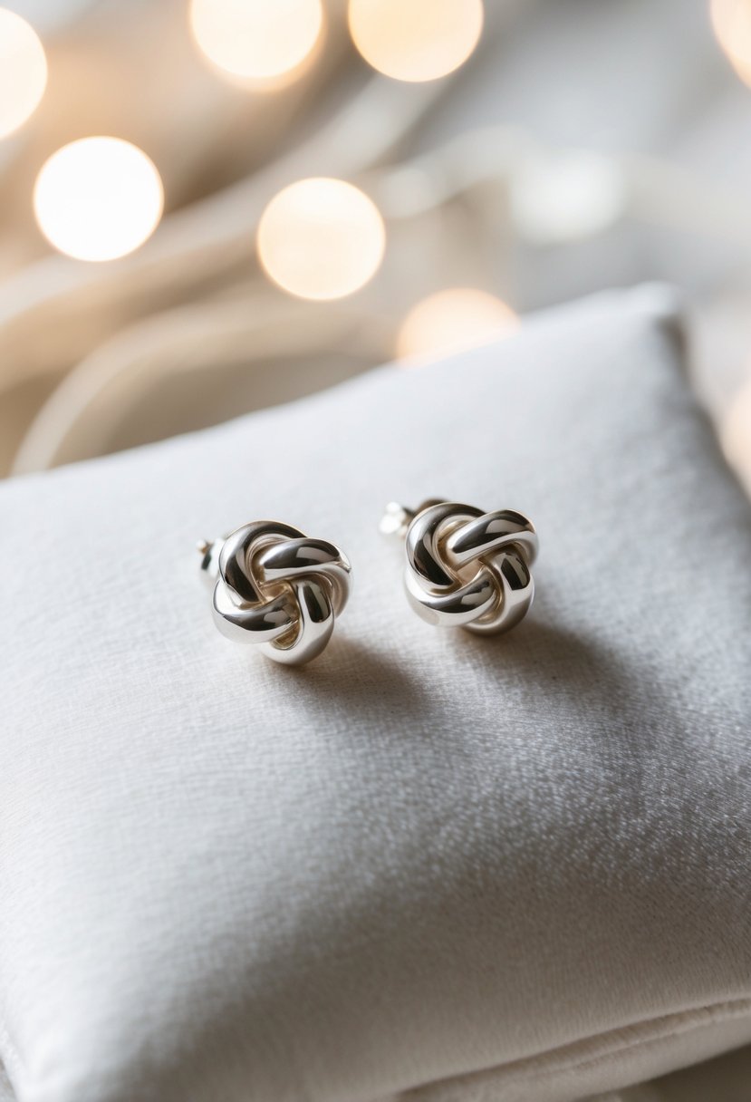 Two simple silver knot studs on a white velvet cushion with soft lighting