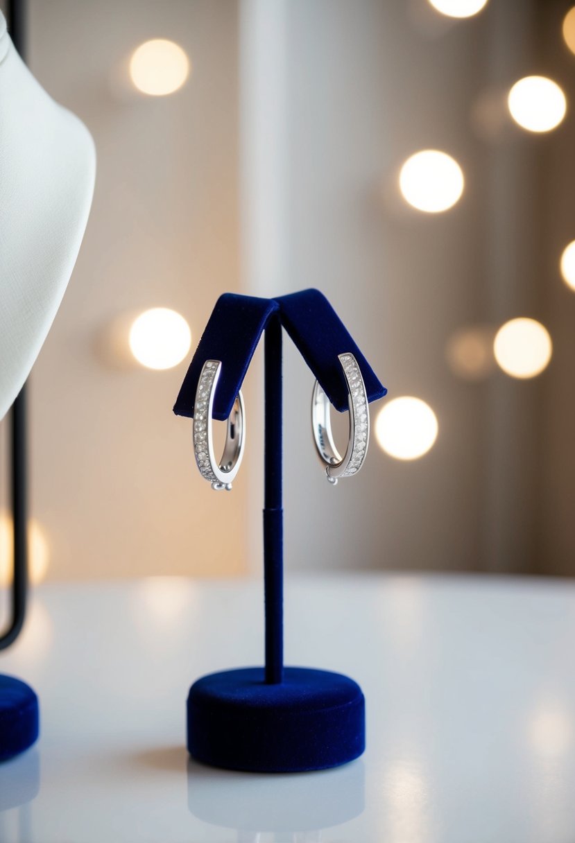 A pair of chic sterling silver ear climbers displayed on a velvet jewelry stand, with soft lighting highlighting their elegant simplicity