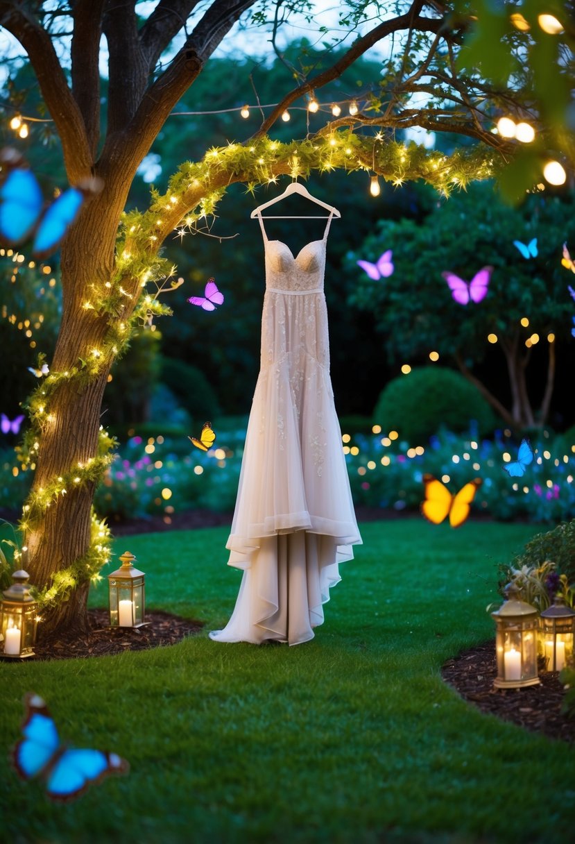 A magical garden with a flowing gown hanging from a tree, surrounded by twinkling fairy lights and colorful butterflies