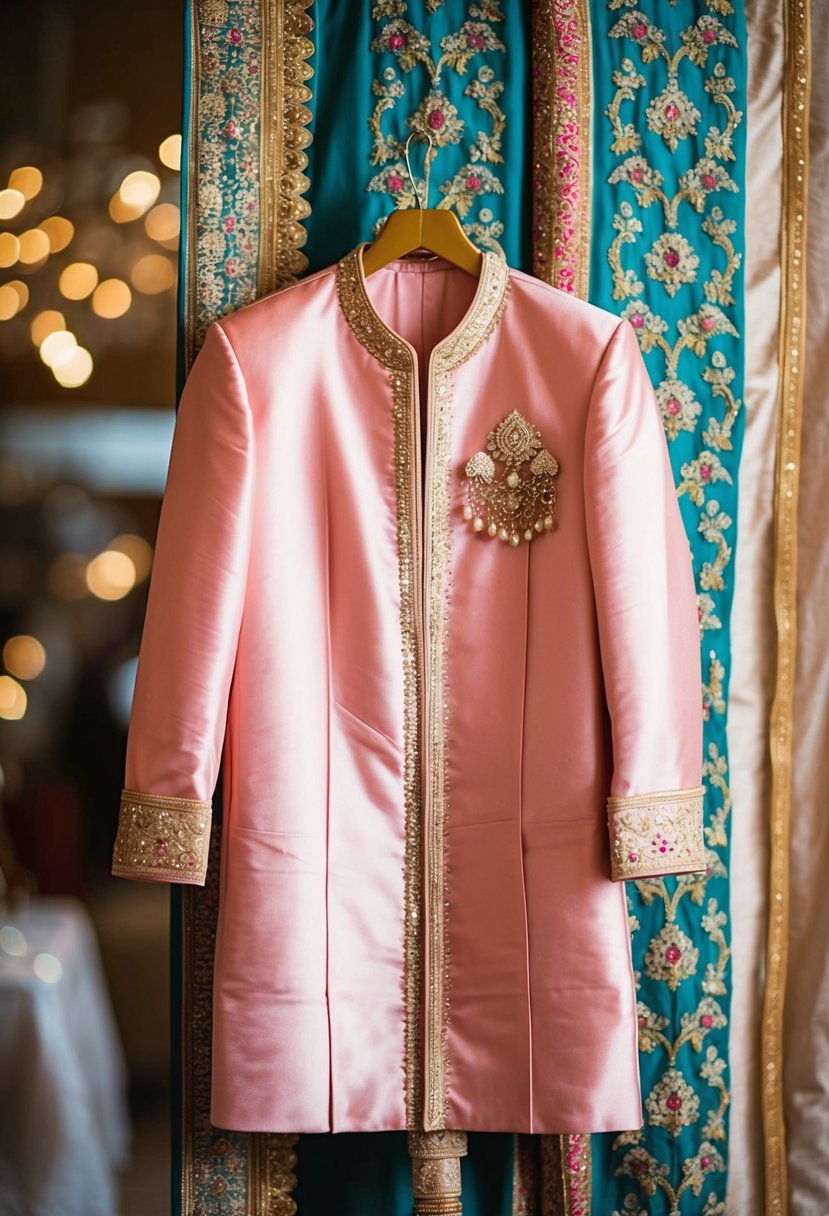 A pastel pink sherwani hangs on a golden hanger against a backdrop of intricate embroidery and luxurious fabric, ready for a Pakistani groom's wedding attire