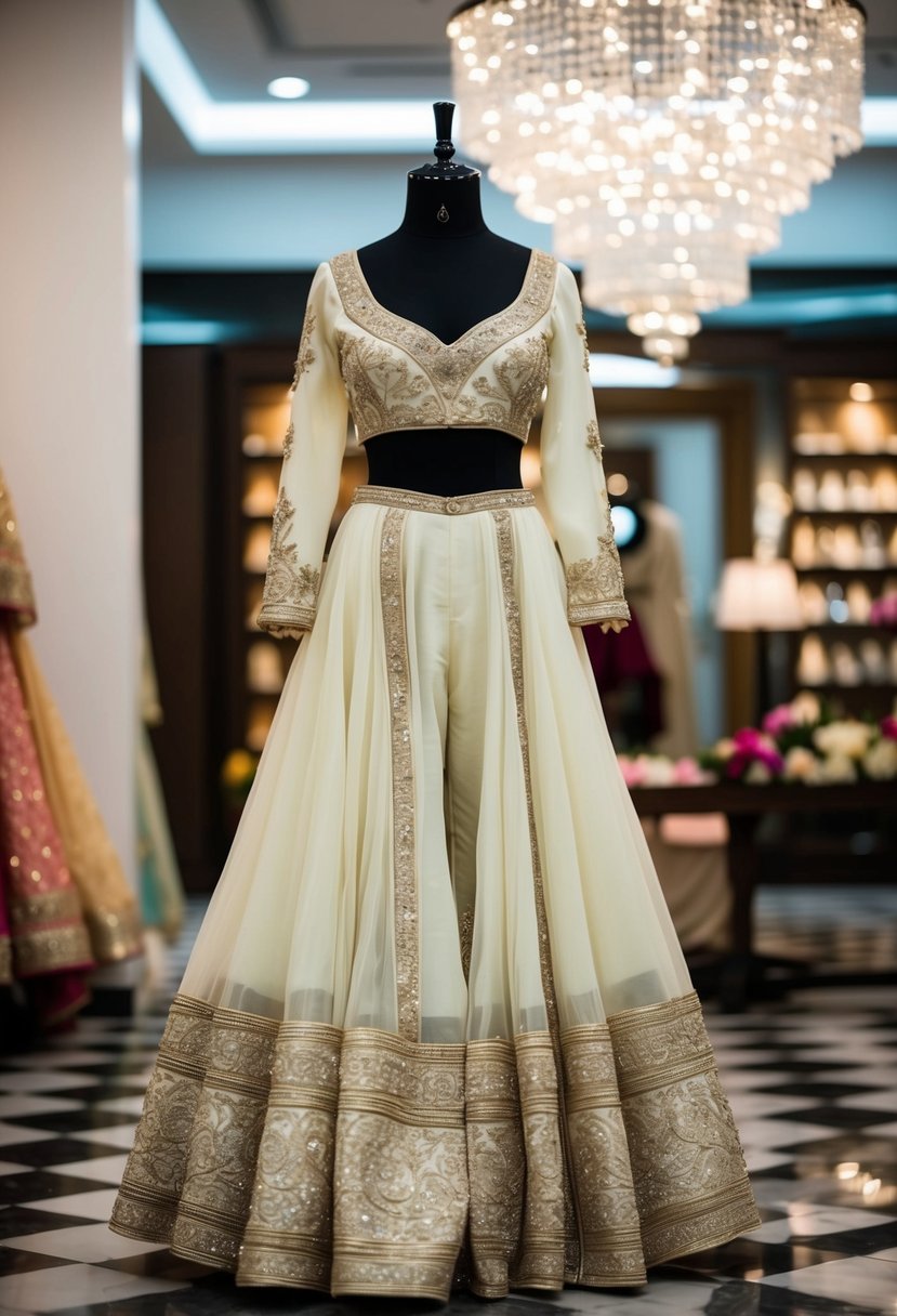 A modern ivory peplum gharara displayed on a mannequin in a luxurious Pakistani wedding boutique