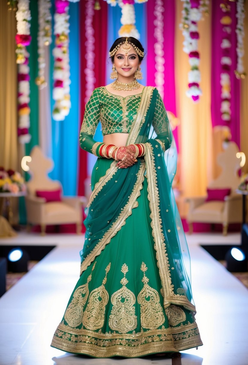 A vibrant green Mehndi outfit with intricate gold embroidery and flowing fabric, set against a backdrop of colorful Pakistani wedding decorations