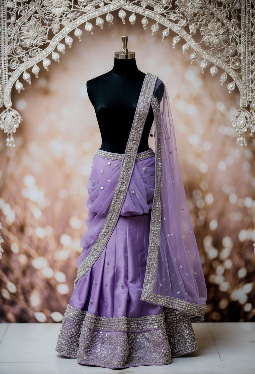 A lavender sharara with silver embellishments displayed on a mannequin against a backdrop of intricate embroidery and delicate lace